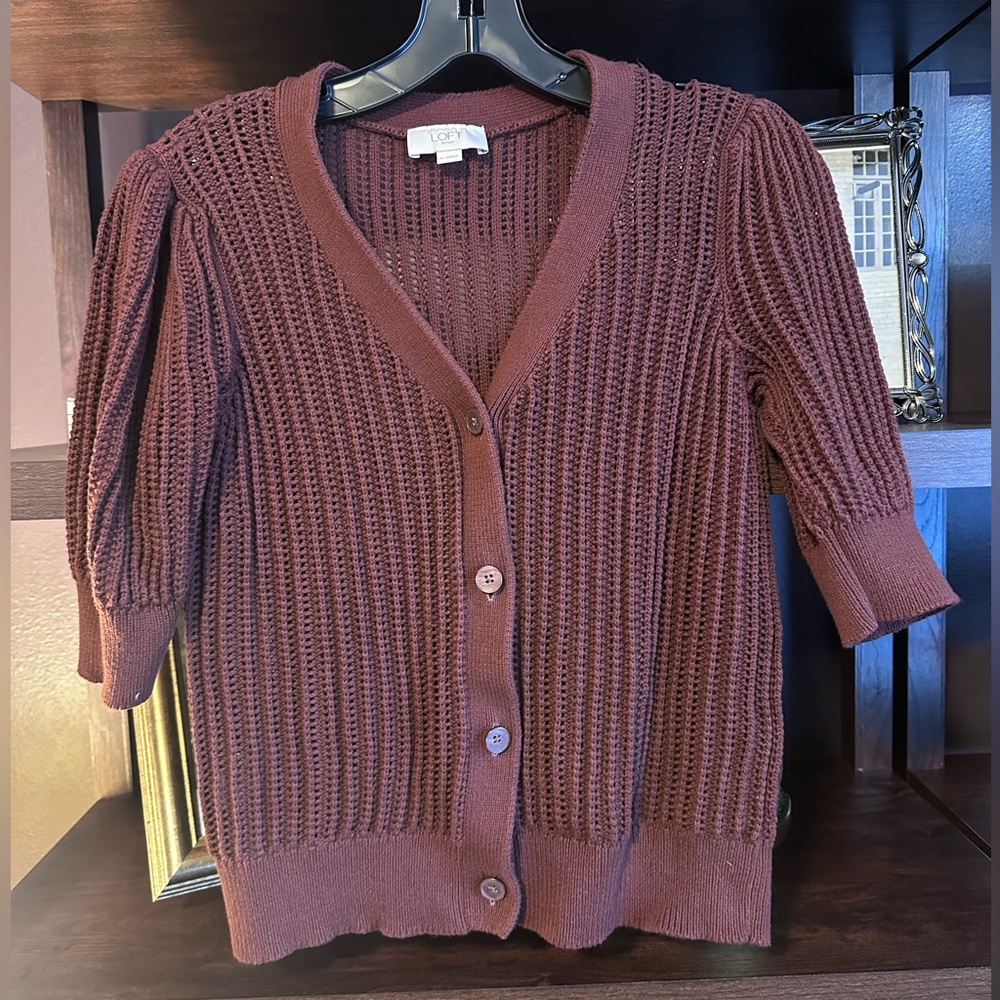 LOFT Brown Short Sleeve V Neck Open Weave Cardigan Size Medium